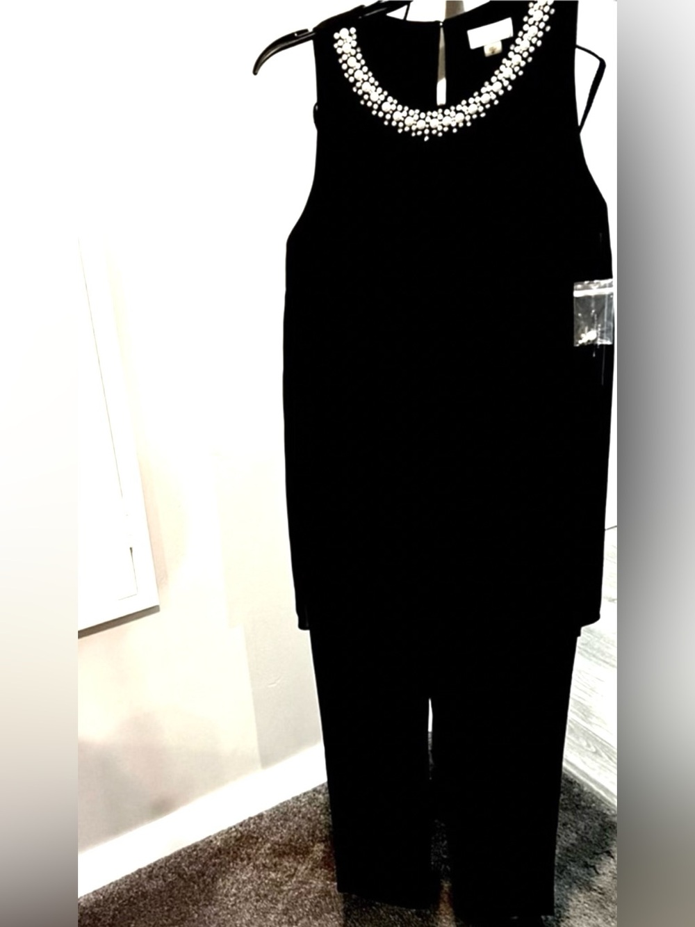 Tahari Petite 4P Black Pearl Beaded Neck Jumpsuit Elegant Formal NWT